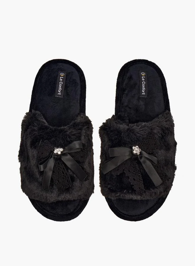 Le Confort Faux Fur Textured Bedroom Slippers with Bow Accent